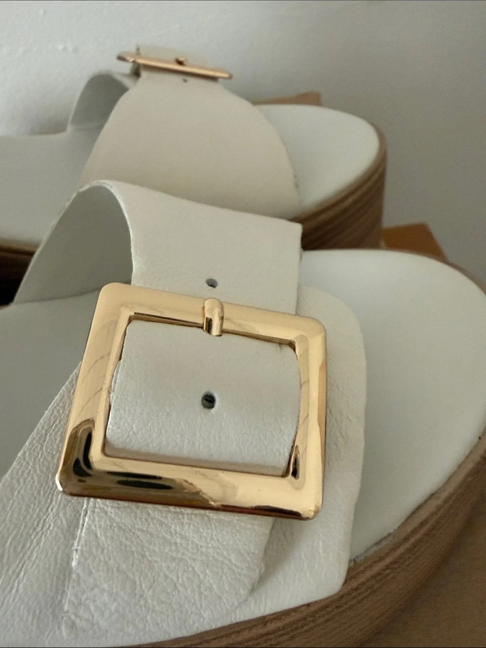 Steve Madden Cream Leather Platform Sandals with Gold Buckles